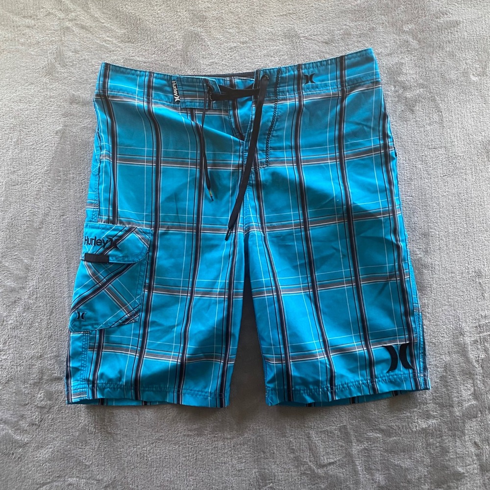 Hurley Mens Blue Plaid Board Shorts Swim Trunks Size 30 Cargo Pocket C9289-00